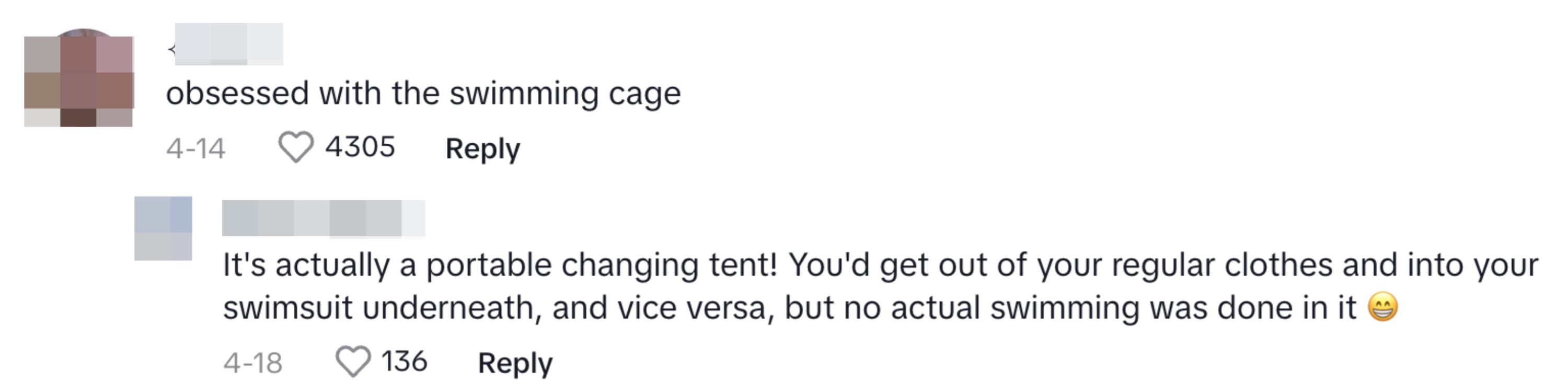 Comment by Aiden: obsessed with the swimming cage. 
Comment by Sister Sydney: It's actually a portable changing tent! You'd get out of your regular clothes and into your swimsuit underneath, and vice versa, but no actual swimming was done in it ?