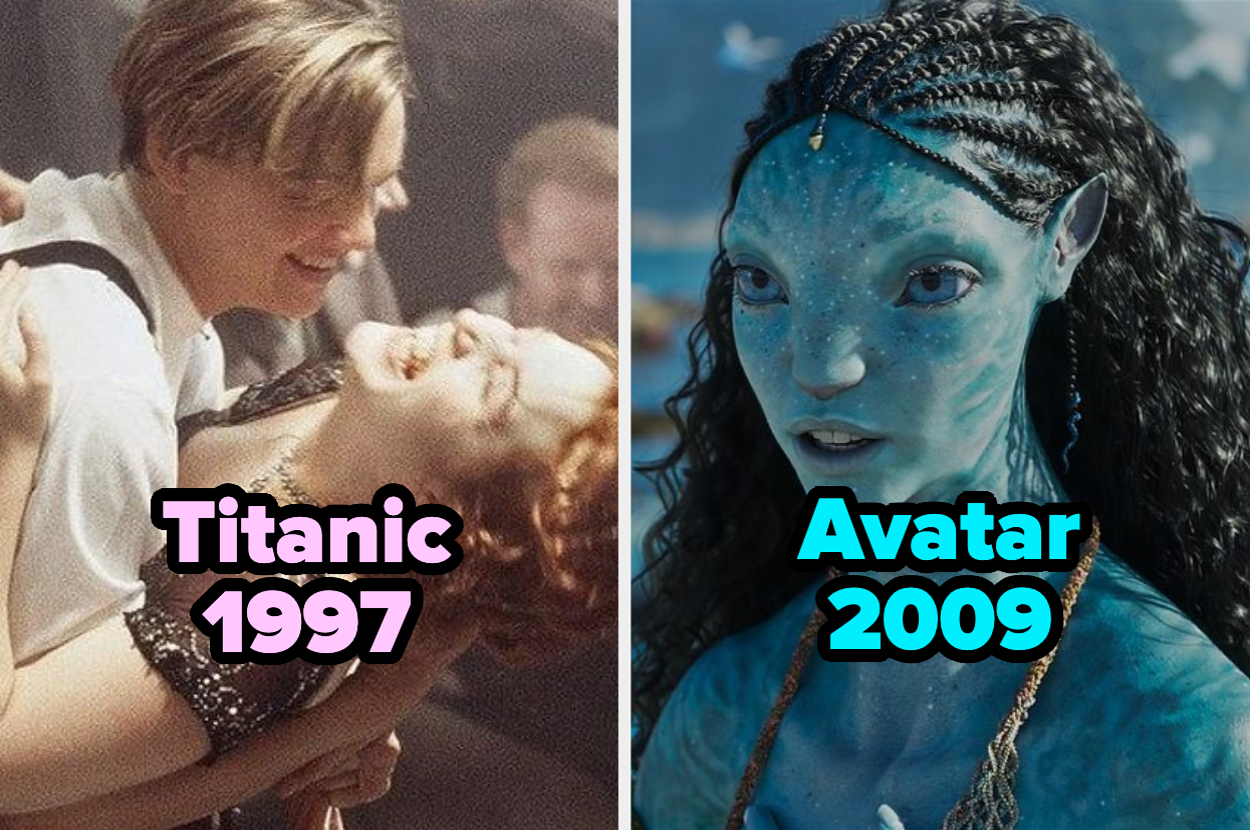 Leonardo DiCaprio y Kate Winslet en una escena de "Titanic" de 1997 junto a un personaje Na'vi de "Avatar" de 2009 en una imagen comparativa