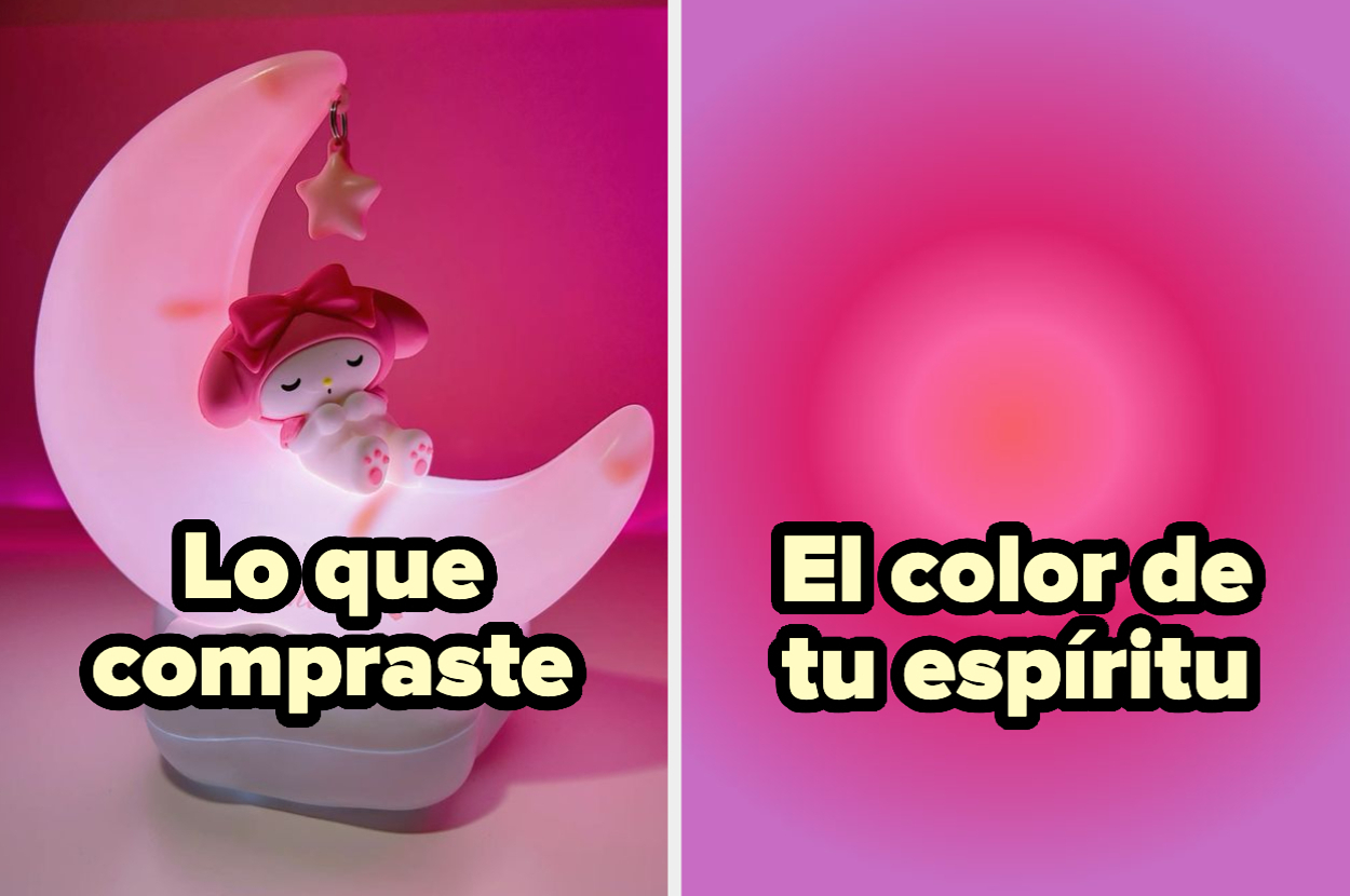 Imagen dividida en dos partes: a la izquierda, un personaje animado rosa sobre una luna; a la derecha, un degradado de tonos rosados. Texto: "Lo que compraste" y "El color de tu espíritu"