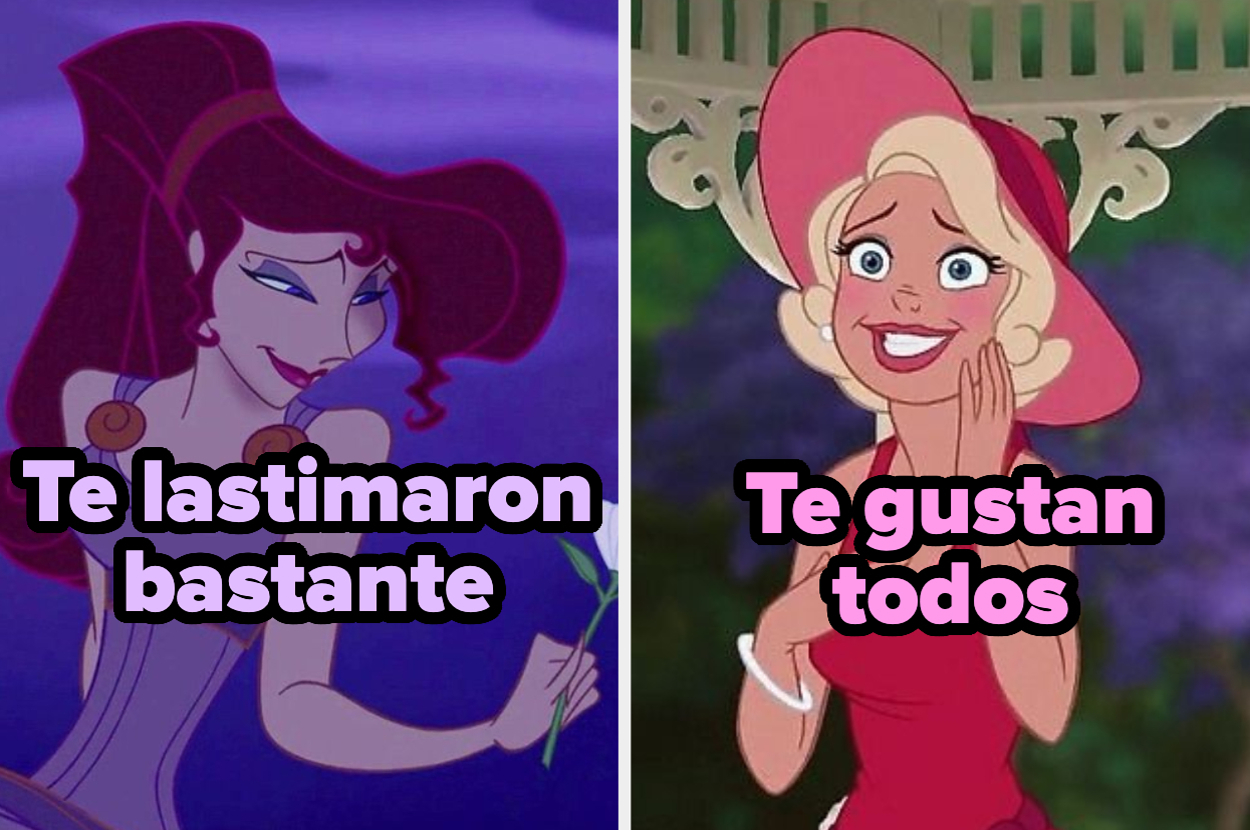 Megara de "Hércules" con texto "Te lastimaron bastante" y Charlotte de "La Princesa y el Sapo" con texto "Te gustan todos"