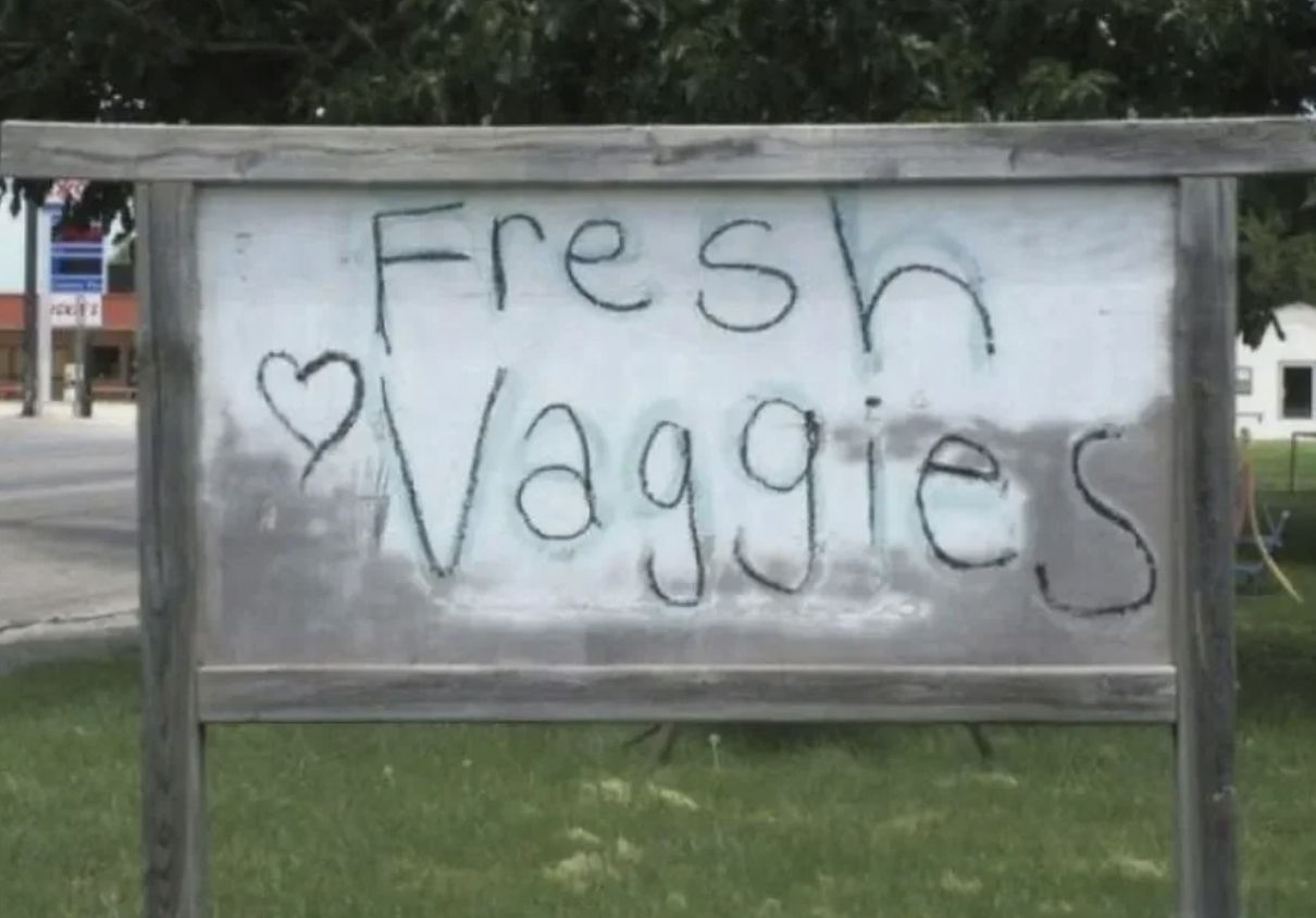 A sign with "Fresh ❤ Vaggies" written on it at a roadside location, surrounded by greenery and trees