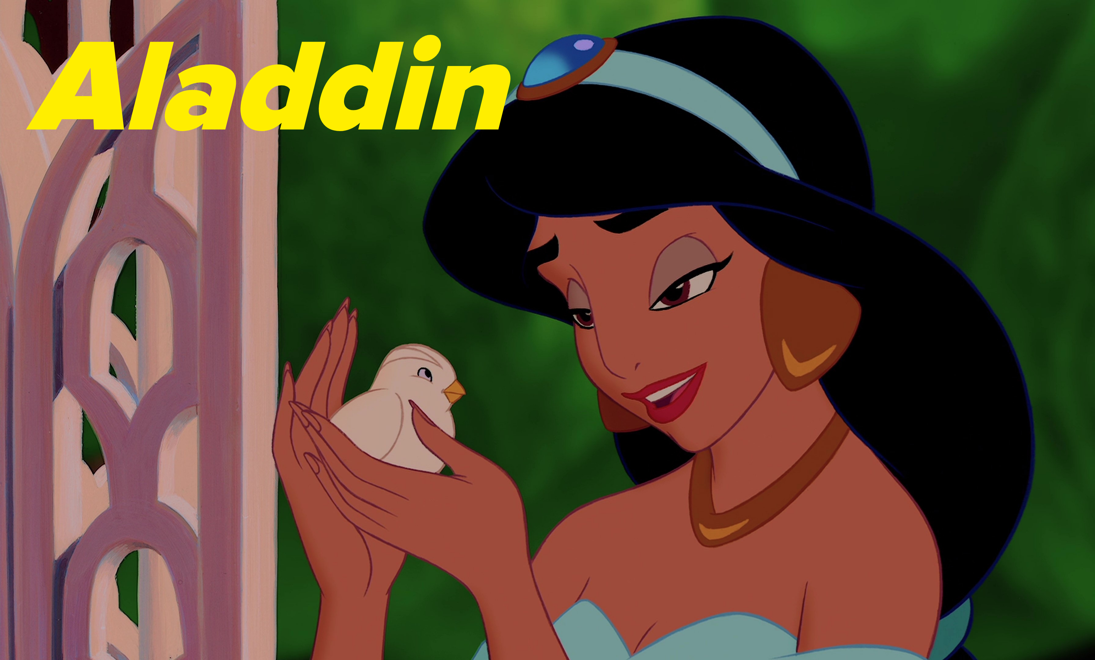 Jasmine from Aladdin gently holds a small white bird with both hands, smiling warmly at it. She wears a headband and large earrings