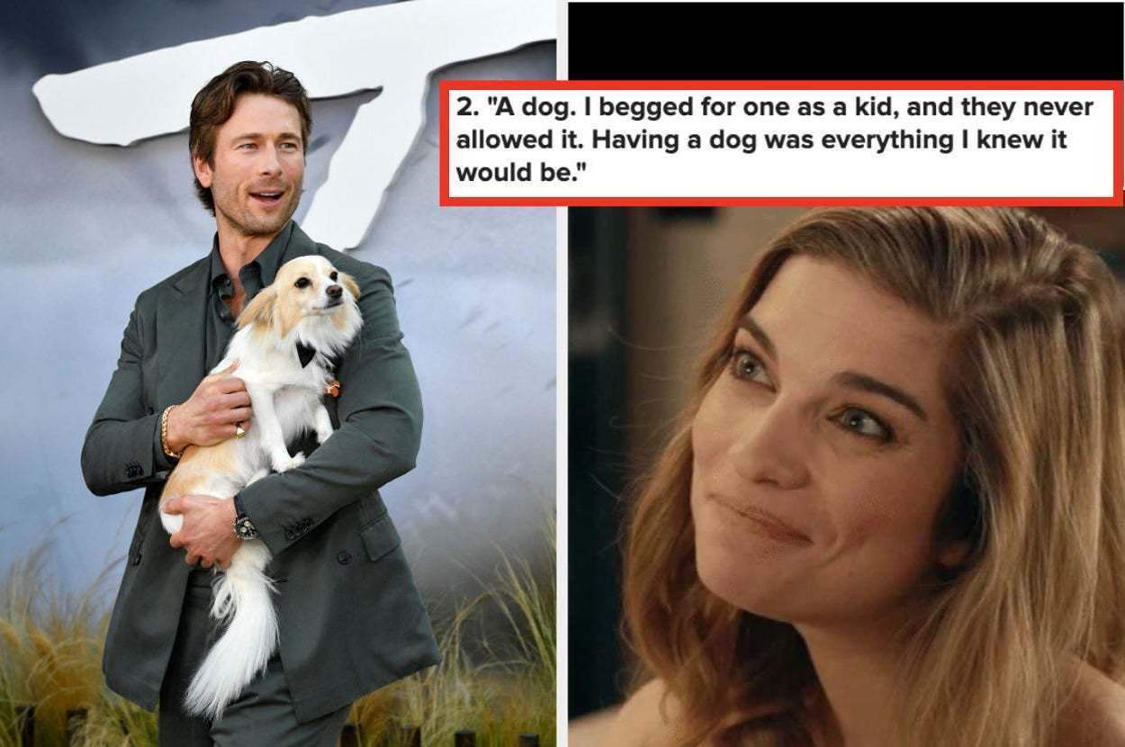Glen Powell holds a small white and brown dog on the left, while Annie Murphy as Alexis Rose is smiling on the right. Text: "A dog. I begged for one as a kid, and they never allowed it..."