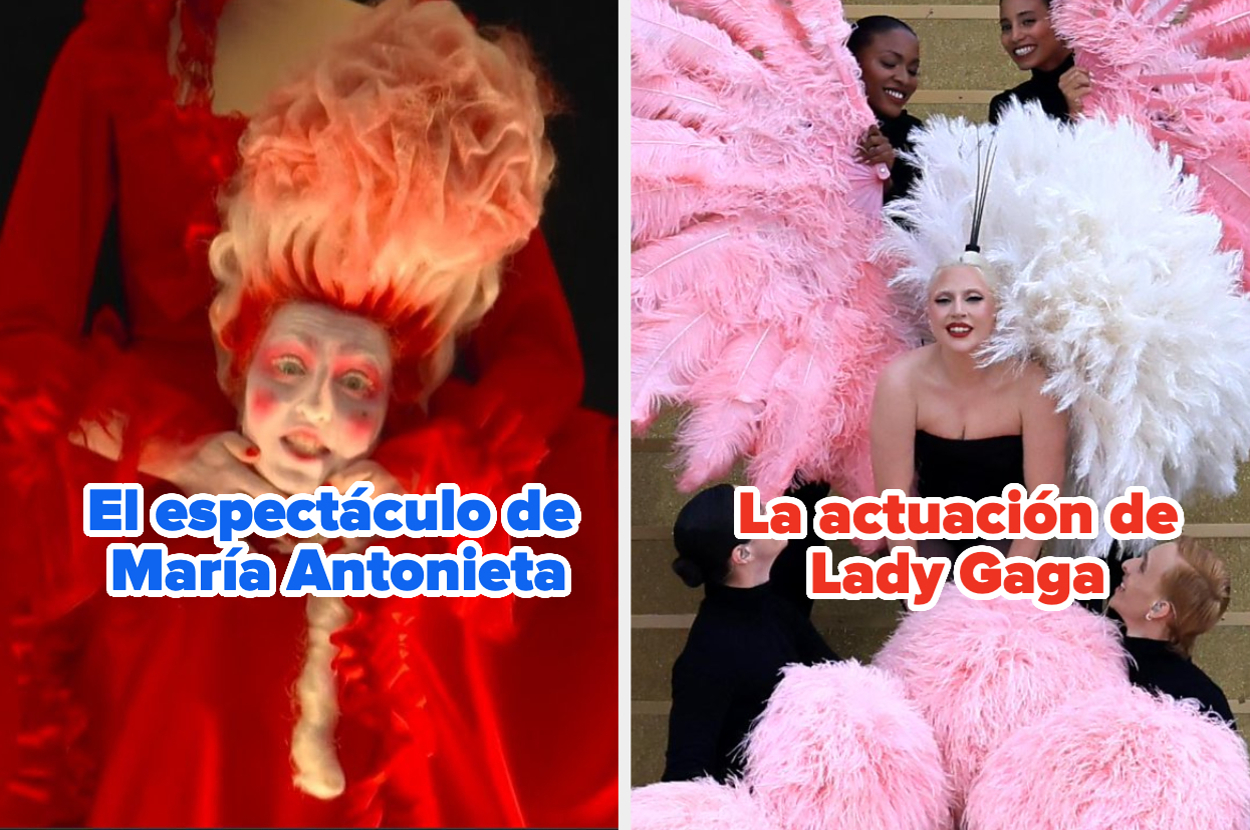 Dos fotos de mujeres en actuaciones teatrales: "El espectáculo de María Antonieta" y "La actuación de Lady Gaga", rodeada de bailarinas con plumas