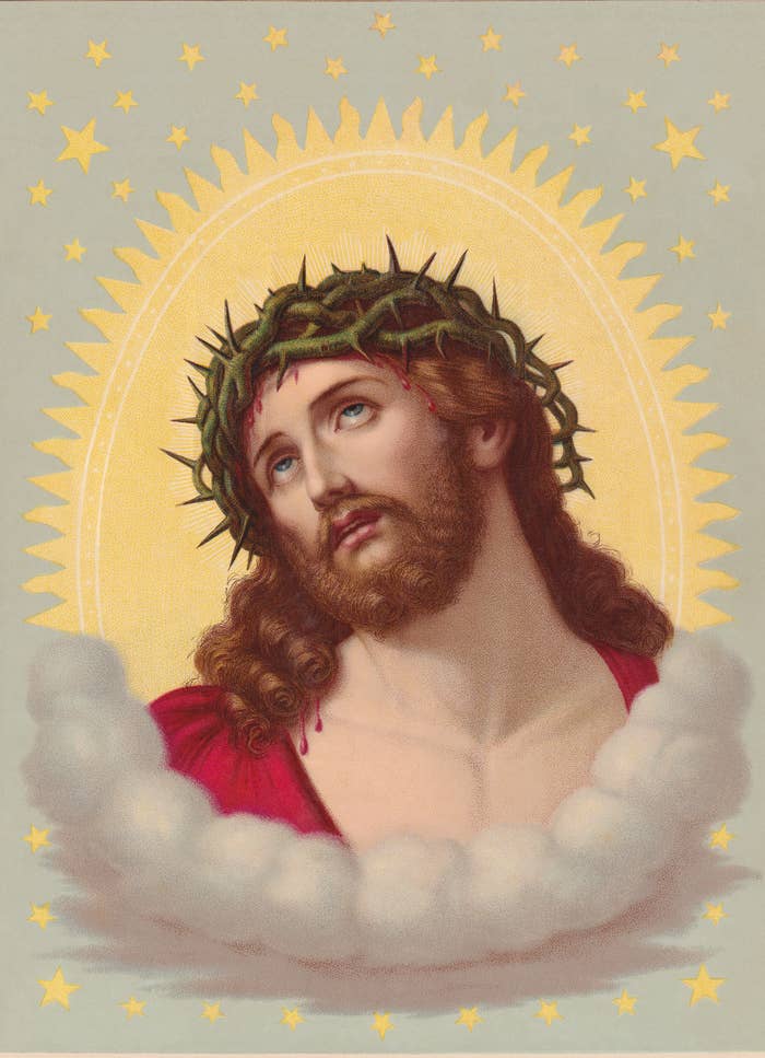 Image of Jesus Christ wearing a crown of thorns, with a glowing halo surrounded by stars around his head, and the words "Ecce Homo" printed below