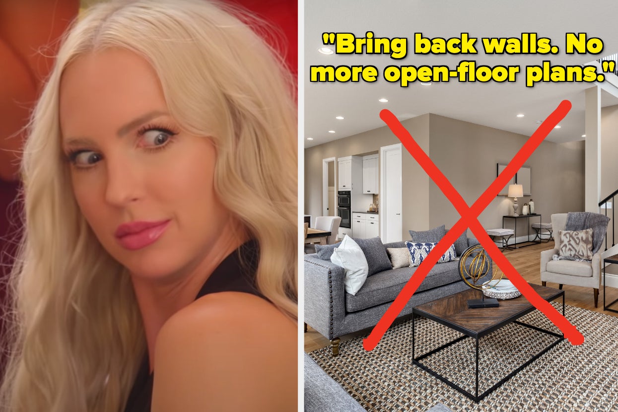 Christine Quinn looks surprised on the left; on the right, a living room with a large red 'X' over it and text that reads, "Bring back walls; no more open-floor plans"
