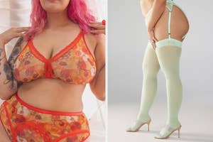 (left) sheer floral bra (right) green stockings