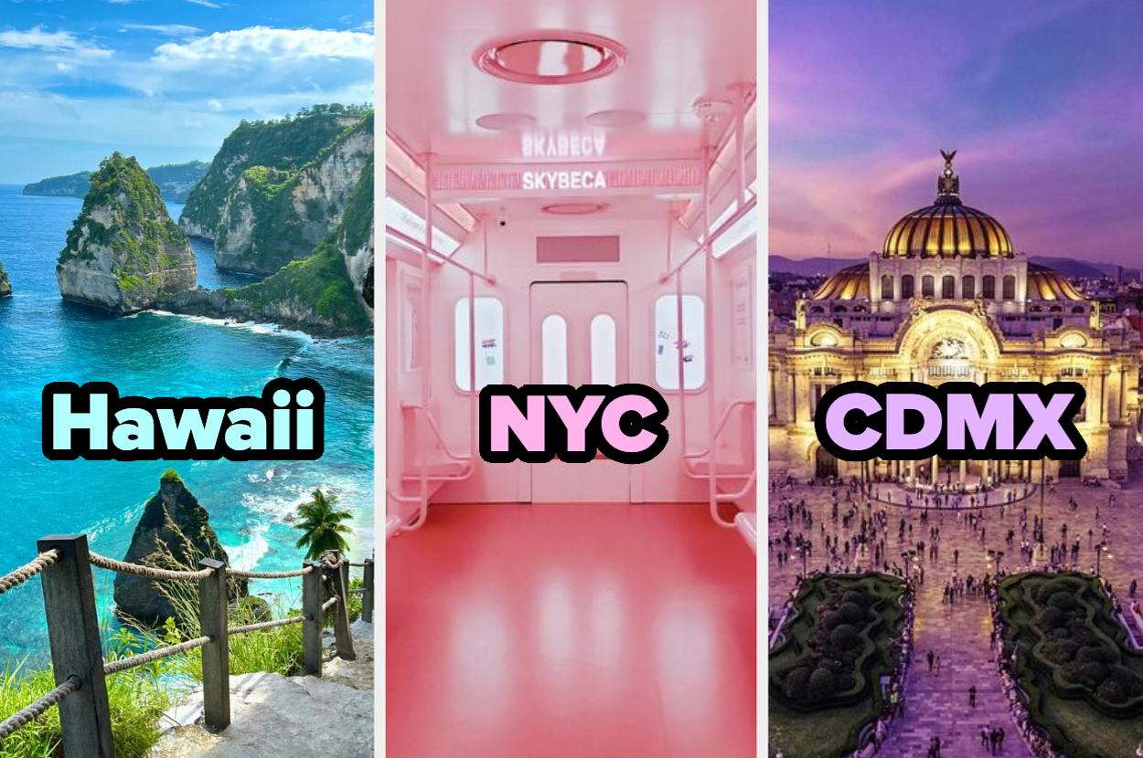 Tres imágenes verticales con texto de izquierda a derecha: "Hawaii" con un paisaje tropical, "NYC" con un interior de transporte público, y "CDMX" con el Palacio de Bellas Artes