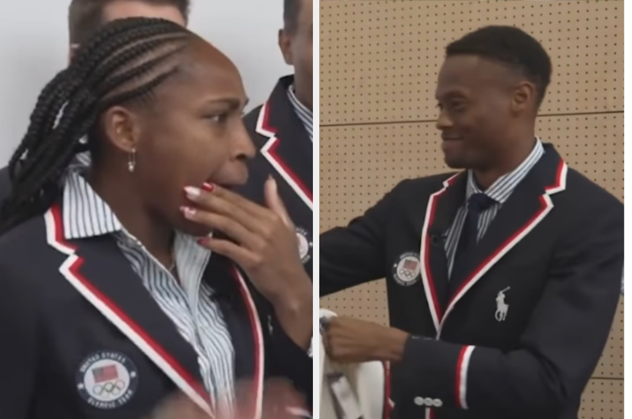 Coco Gauff in a stylish white blazer with USA Olympic team emblem poses; she reacts with teammates in a matching outfit in another image