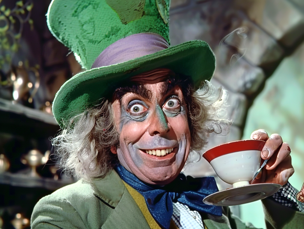 Person dressed as the Mad Hatter from Alice in Wonderland, holding a tea cup with a manic expression, wearing a large hat and colorful, eccentric attire