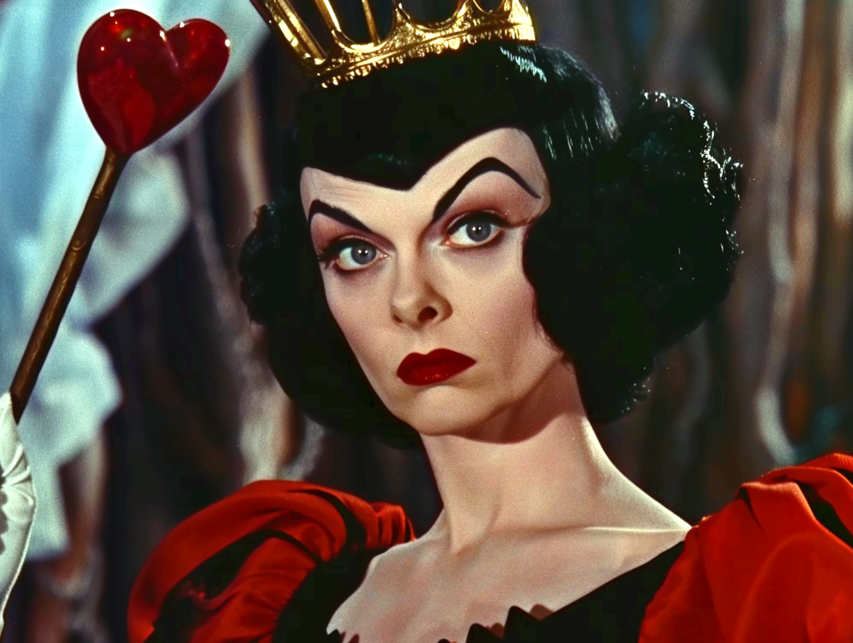 The image shows the Queen of Hearts from Disney's animated film &quot;Alice in Wonderland&quot; wearing a crown and holding a heart-shaped scepter