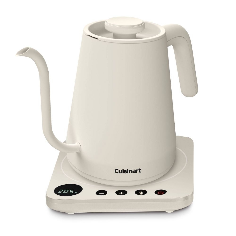 Cuisinart electric kettle with a gooseneck spout and digital base displaying 205°F, featuring buttons for power, temperature adjustment, and timer