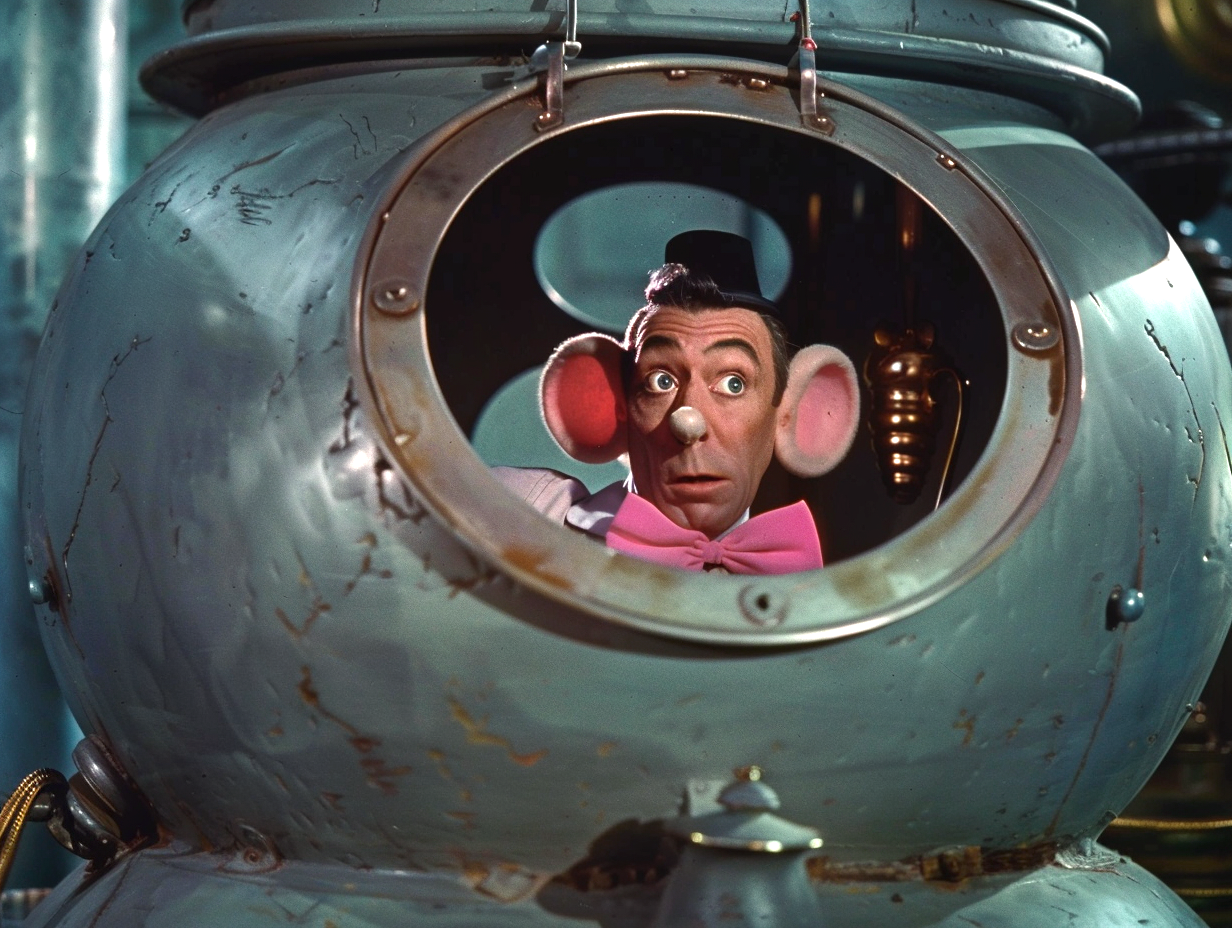 A character with large ears, a pink bow tie, and a round nose peers out from a metal porthole in a whimsical setting