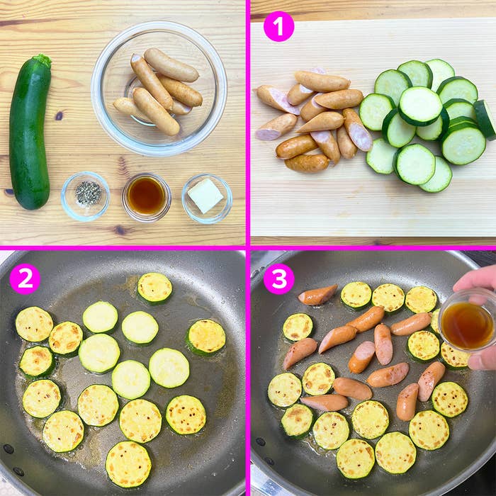 ズッキーニとソーセージを調理する過程を示す画像。1. 材料の準備。2. ズッキーニを焼く。3. ソーセージと調味料を追加。