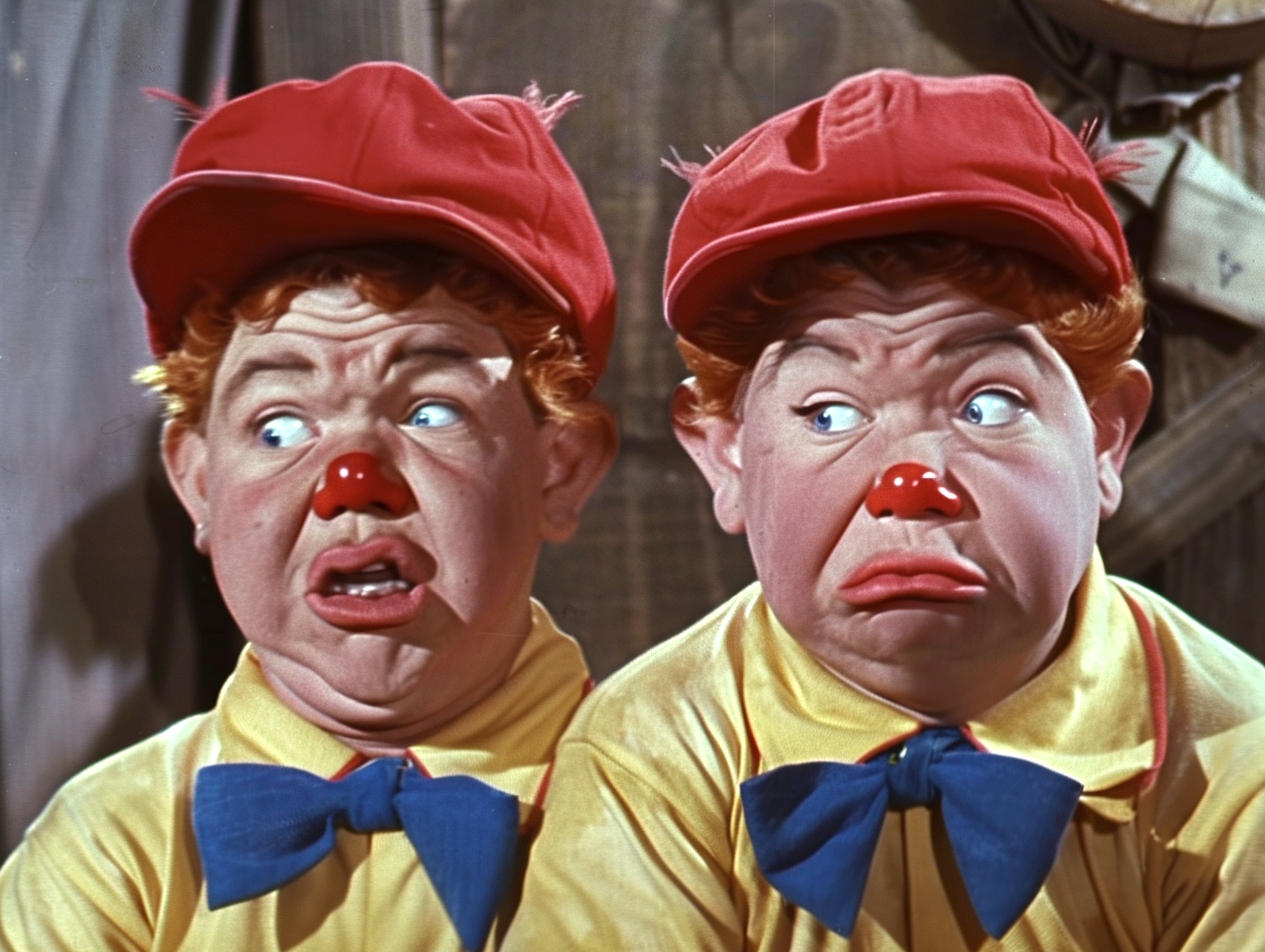 Actors in Tweedledum and Tweedledee costumes from &quot;Alice in Wonderland,&quot; wearing red caps, yellow shirts, blue bow ties, and red clown noses, making surprised faces