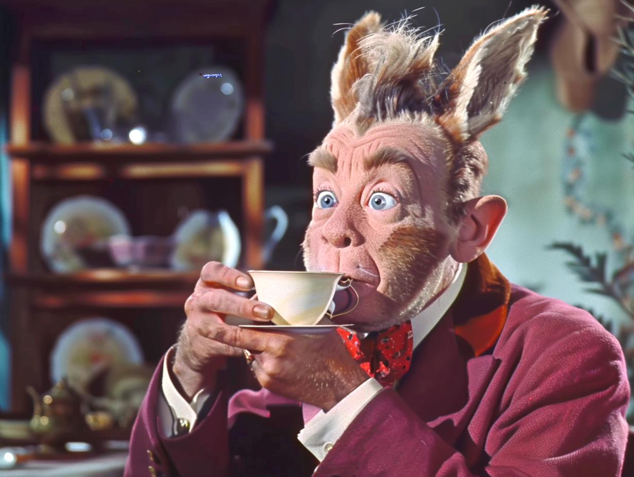 March Hare from Alice in Wonderland sipping tea from a cup, with a surprised expression
