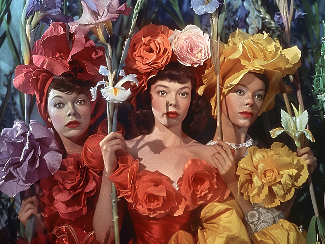 Three women, each adorned with dresses and hats designed to resemble flowers, pose together. This image is related to TVAndMovies. Names not provided