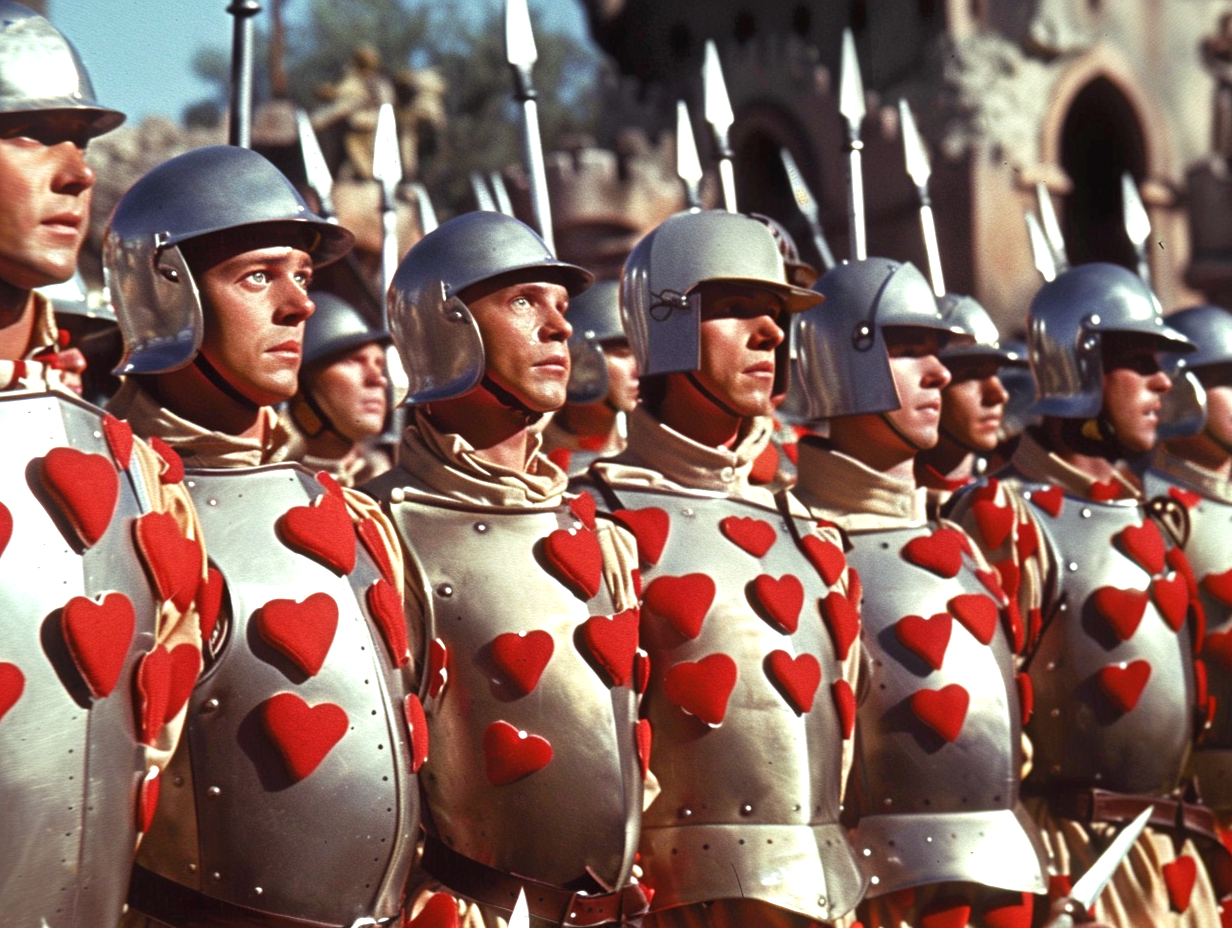 Knights in silver armor decorated with red hearts stand in formation, resembling characters from a movie or TV show