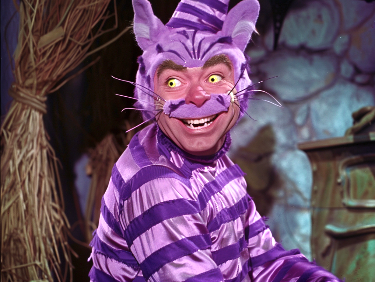 Man dressed as the Cheshire Cat from &quot;Alice in Wonderland,&quot; with striped cat costume and ears, smiling mischievously