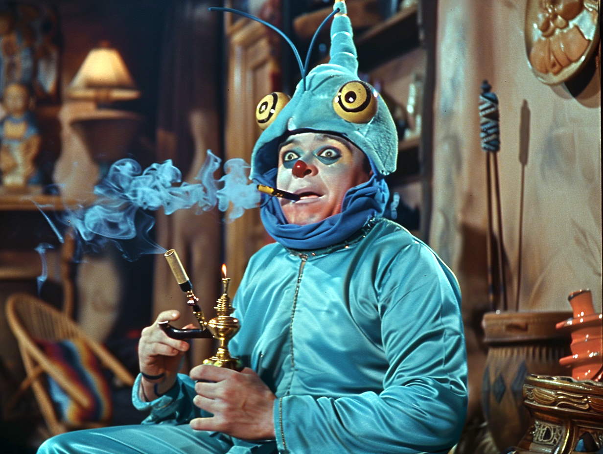 A person dressed as a caterpillar with a pipe, appearing in a whimsical setting from TV or movie