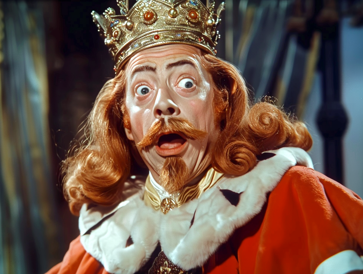 A character from a classic film dressed as a king with a crown, oversized eyes, and an exaggerated surprised expression