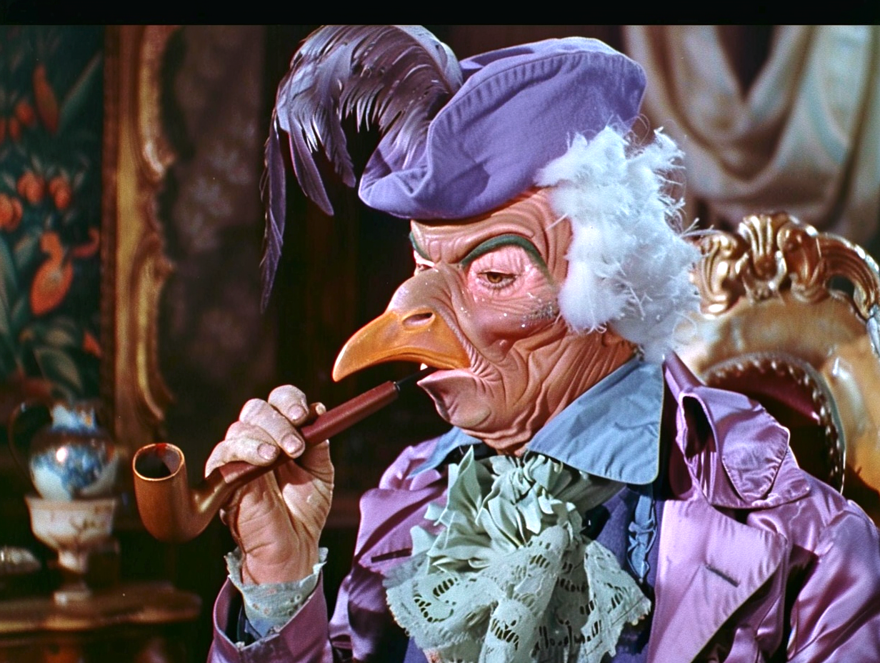 A character with a bird-like mask, wearing an elaborate costume with a large feathered hat, smoking a pipe, in an opulent setting