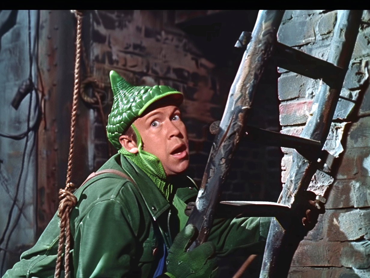 Dick Van Dyke climbs a brick wall wearing a whimsical green costume, featuring a hat with a pointed top, in a scene from &quot;Chitty Chitty Bang Bang&quot;