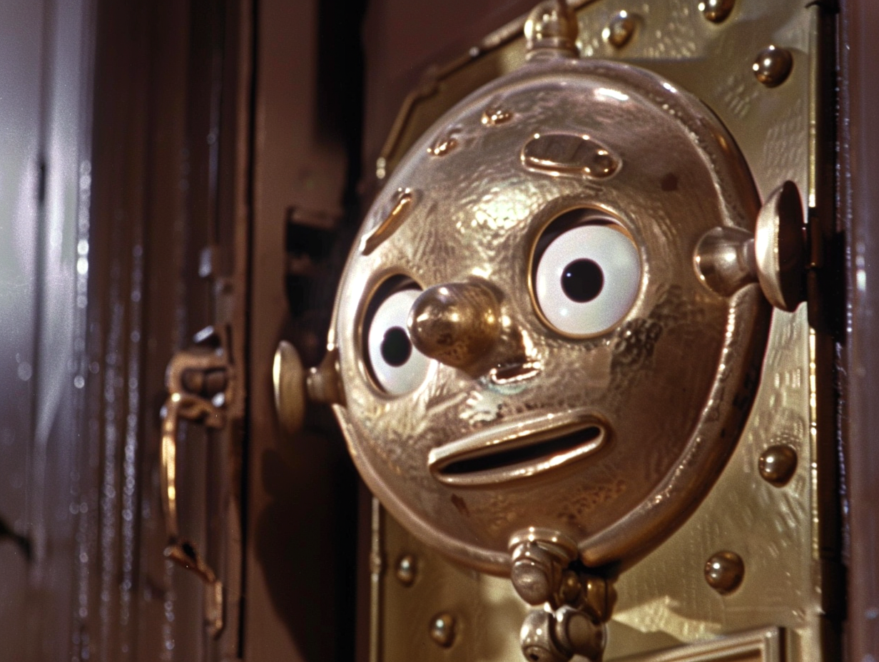 Animatronic golden face from &quot;The Polar Express&quot; with wide eyes and a smiling expression mounted on a wall