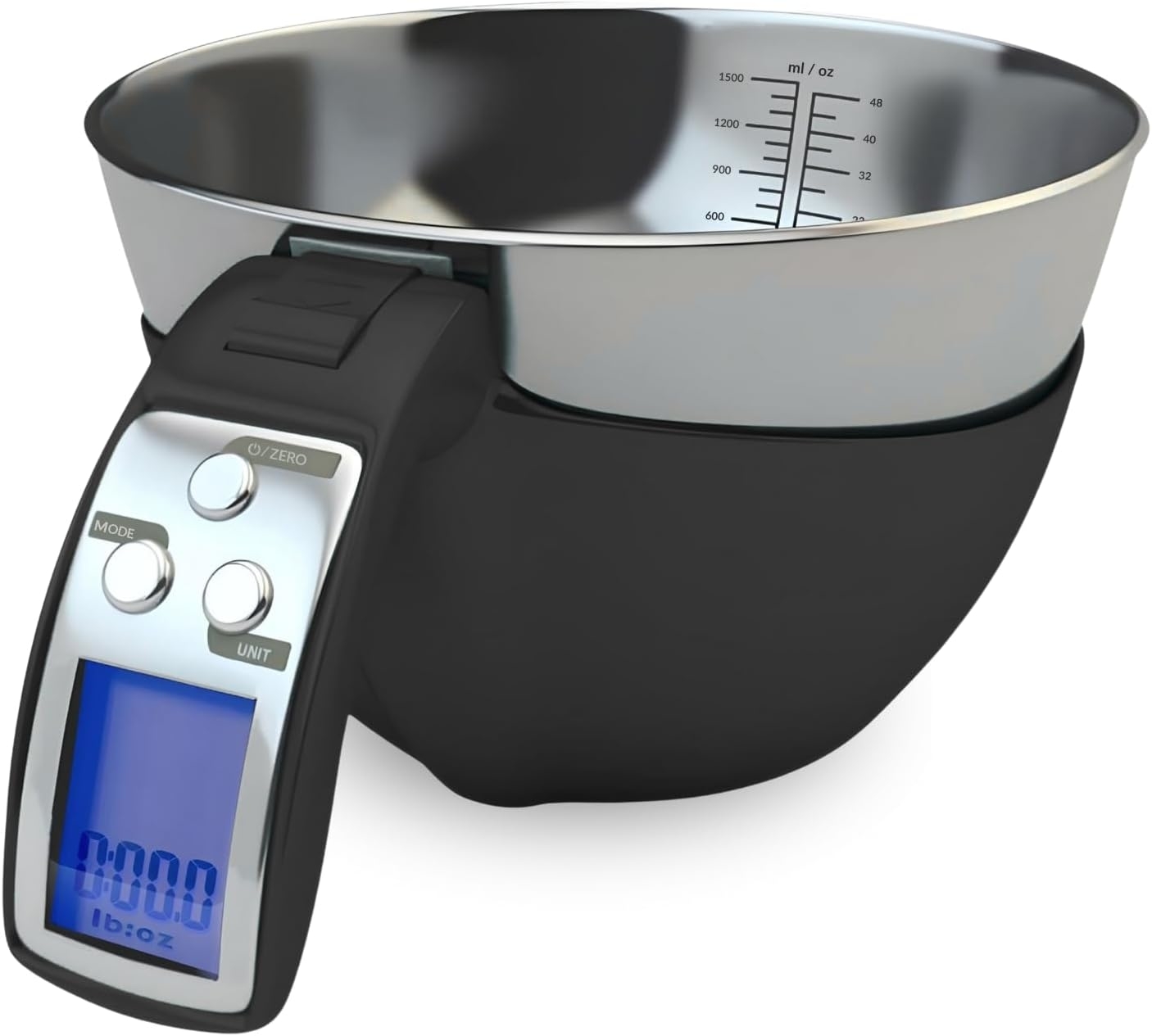 Digital kitchen scale with a stainless steel bowl and a LCD display, showing measurement options and controls on the handle