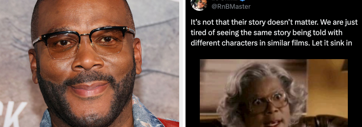 Tyler Perry in a red, white, and blue denim jacket next to a tweet by DJ Skillz showing Tyler Perry as Madea, discussing repetitive storytelling in films