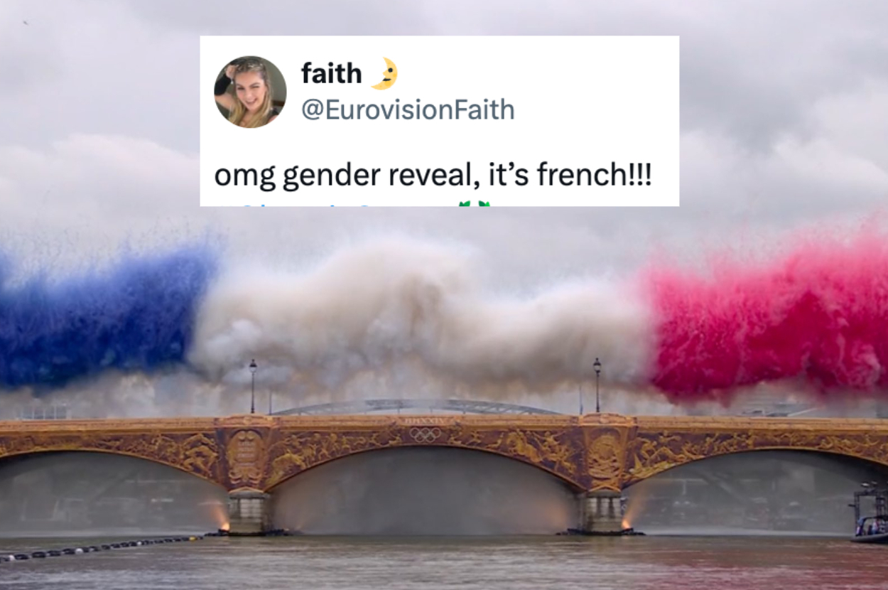 A tweet by @EurovisionFaith reads, "omg gender reveal, it’s french!!!" with an image of a bridge emitting blue, white, and red smoke in the background