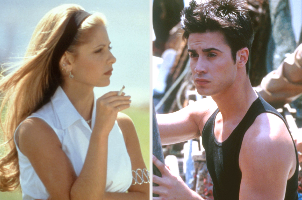 Sarah Michelle Gellar and Freddie Prinze Jr. are shown in side-by-side photos. Sarah wears a sleeveless collared shirt; Freddie wears a sleeveless tank top