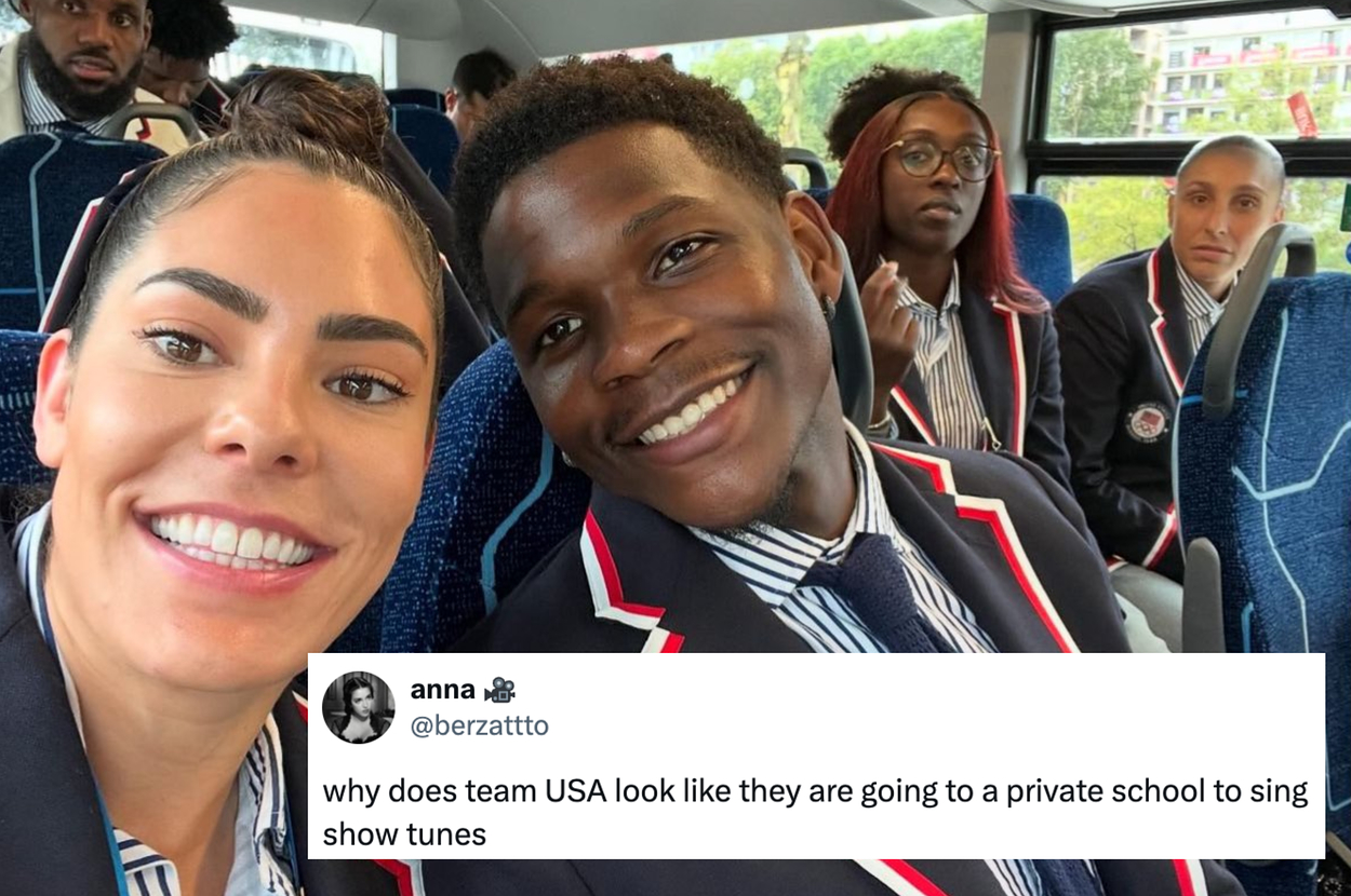 Anna @berzattto tweets: "Why does team USA look like they are going to a private school to sing show tunes" with a selfie of sports team members in matching uniforms on a bus