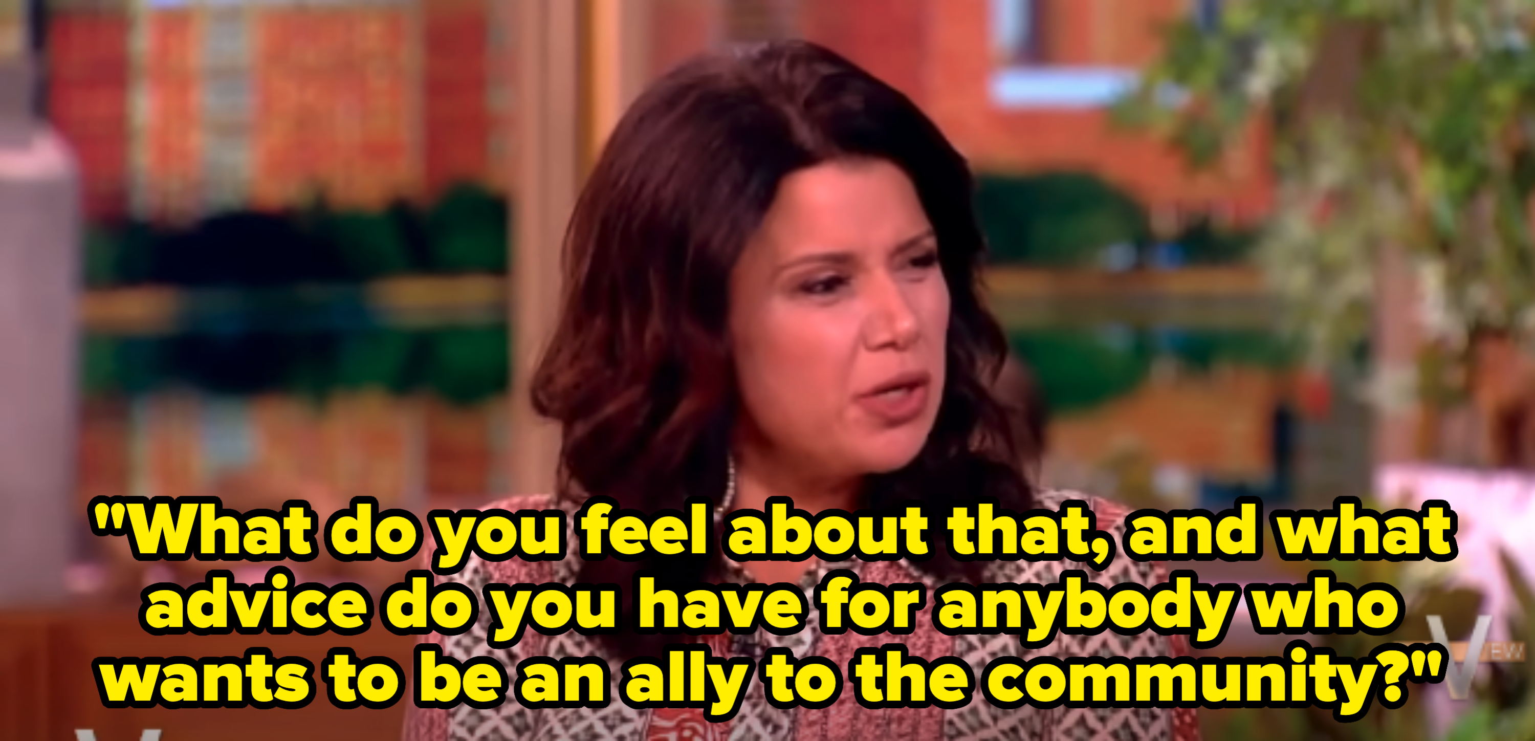Ana Navarro is speaking on 'The View,' wearing a patterned blouse