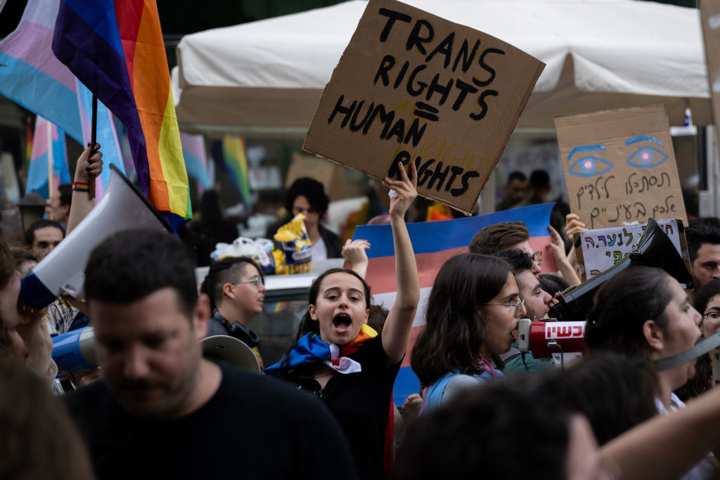 Protesters at a rally display signs, including one that says "Trans Rights = Human Rights". A person holding a megaphone is also visible