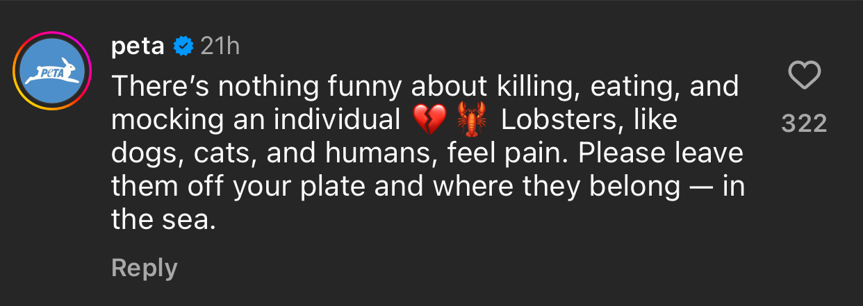 PETA's Instagram comment states lobsters, like dogs, cats, and humans, feel pain. They advocate not eating lobsters