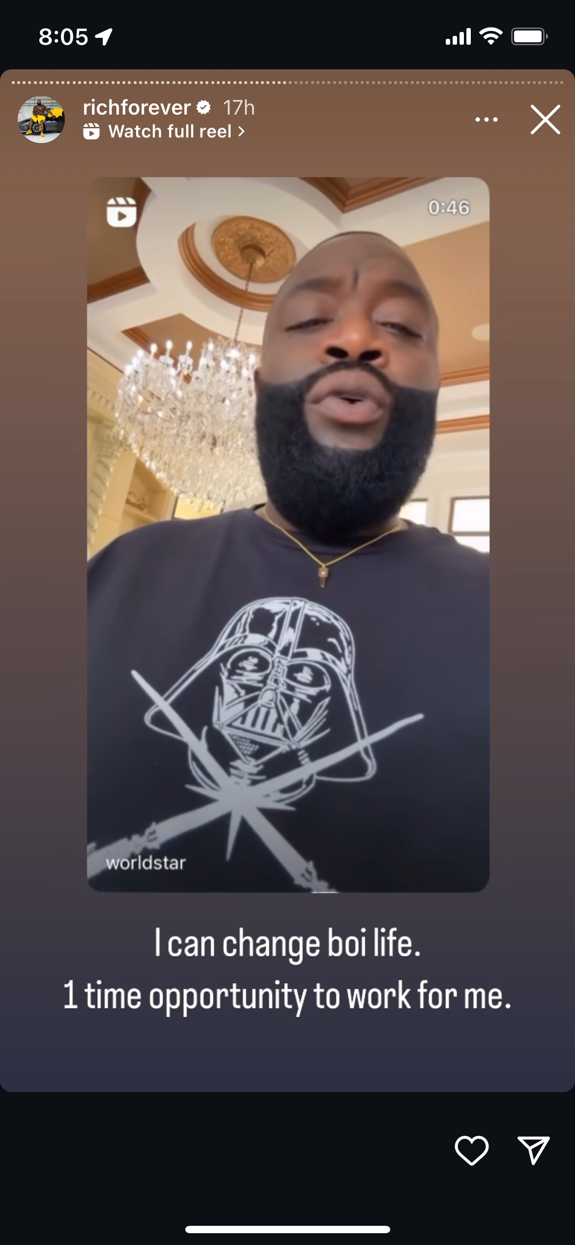 Rick Ross in a black Darth Vader t-shirt, stating, "I can change boi life. 1 time opportunity to work for me." via Instagram story