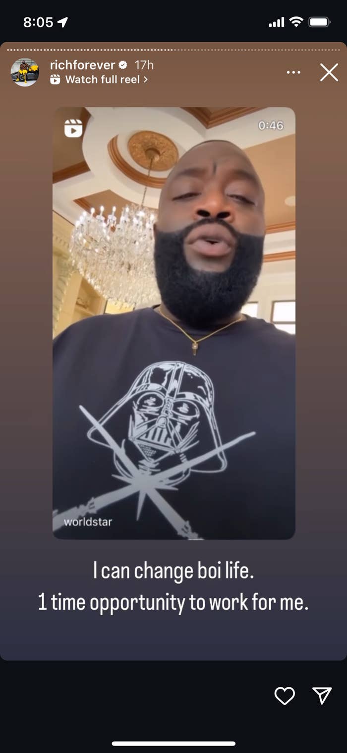 Rick Ross in a black Darth Vader t-shirt, stating, &quot;I can change boi life. 1 time opportunity to work for me.&quot; via Instagram story