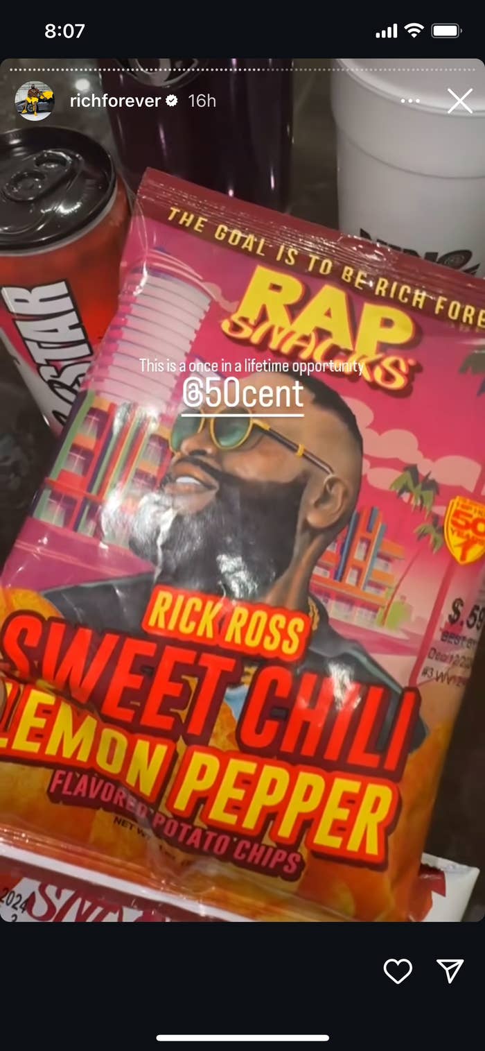 Rick Ross Sweet Chili Lemon Pepper potato chips bag, a can of Rap Star energy drink, and text overlay mentioning 50 Cent