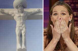 A statue resembling Conan O'Brien on a crucifix is shown on the left, while Jennifer Garner appears on the right, covering her mouth in shock
