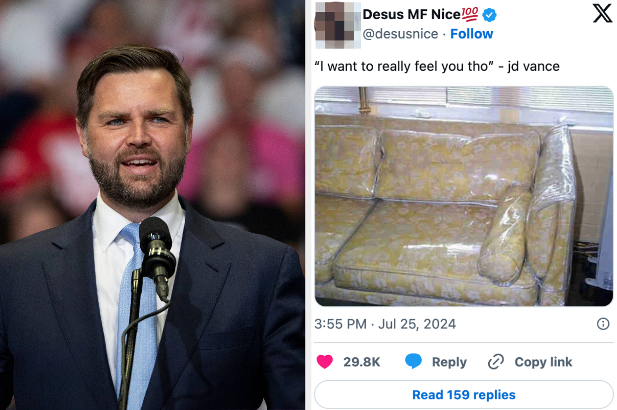 J.D. Vance delivering a speech at a podium on the left. On the right, a tweet from Desus MF Nice mocking Vance with an image of an old, worn-out couch