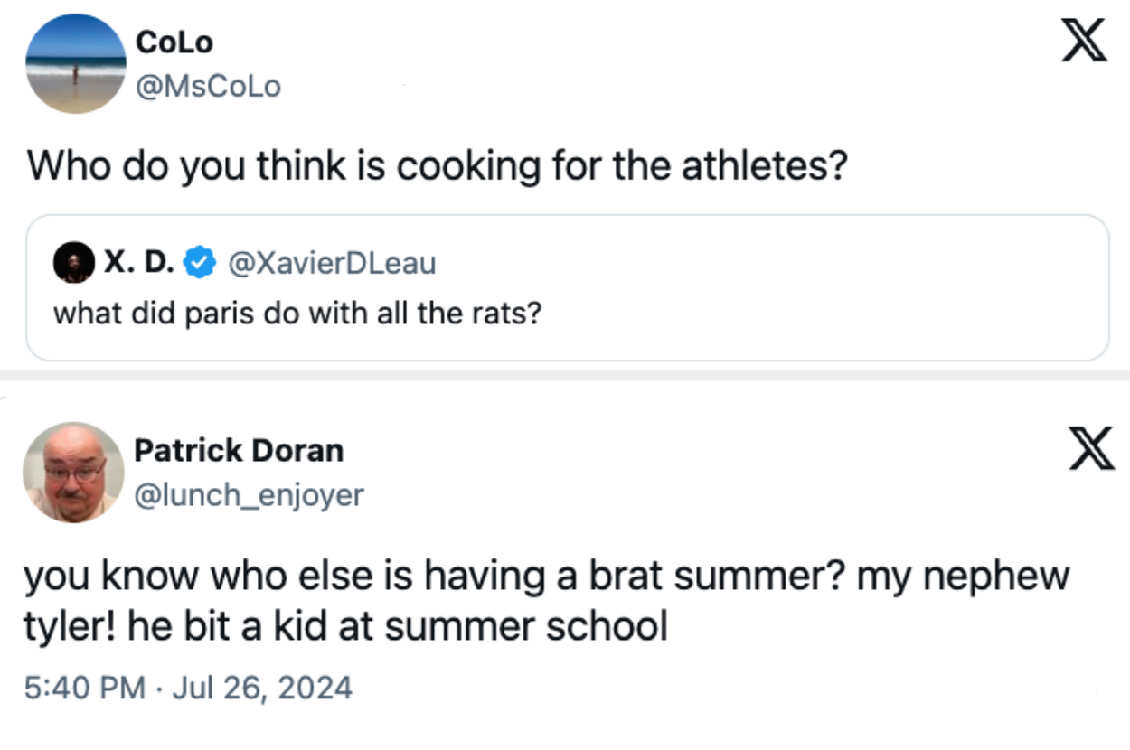 A funny tweet joking that rats are cooking for athletes during the 2024 Paris Olympics vs a tweet about a kid biting someone at summer school