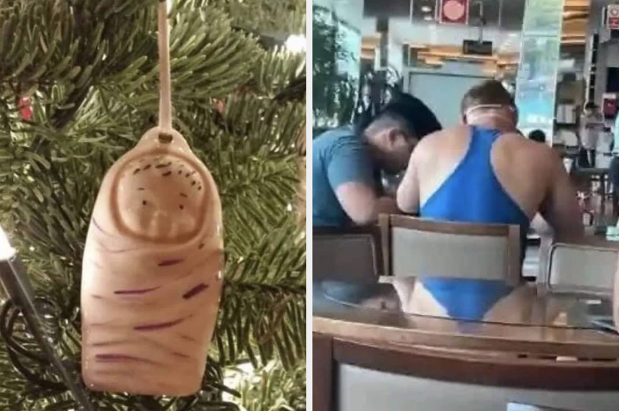 Left: Burrito ornament hanging on a Christmas tree. Right: Person wearing a blue tank top sitting at a table in a restaurant, with their back facing the camera