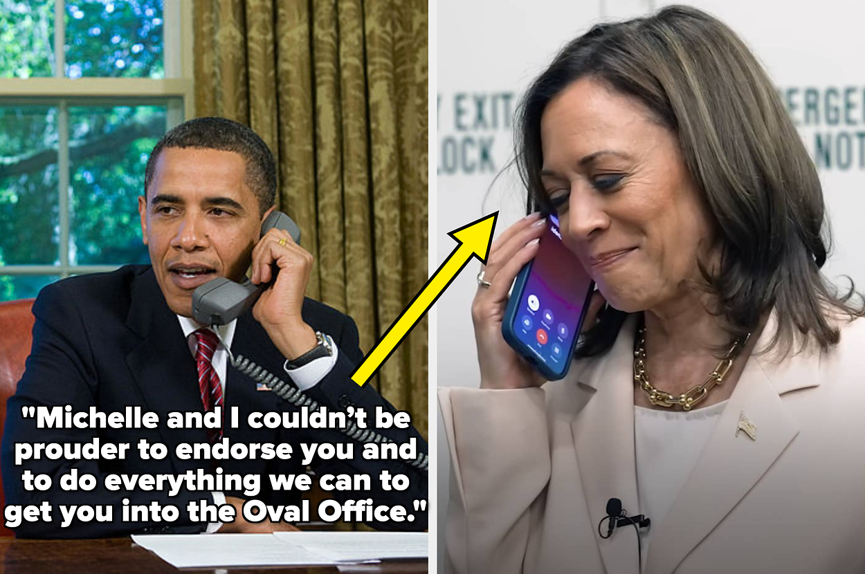 Barack Obama and Kamala Harris on phones. Text: "Michelle and I couldn’t be prouder to endorse you and do everything we can to get you into the Oval Office."