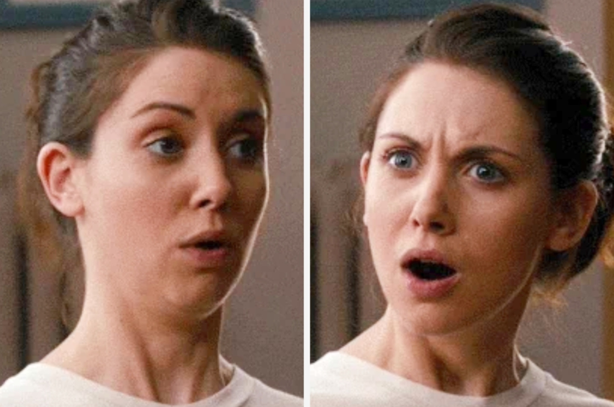 Two side-by-side images of Alison Brie, showing surprised and shocked facial expressions respectively