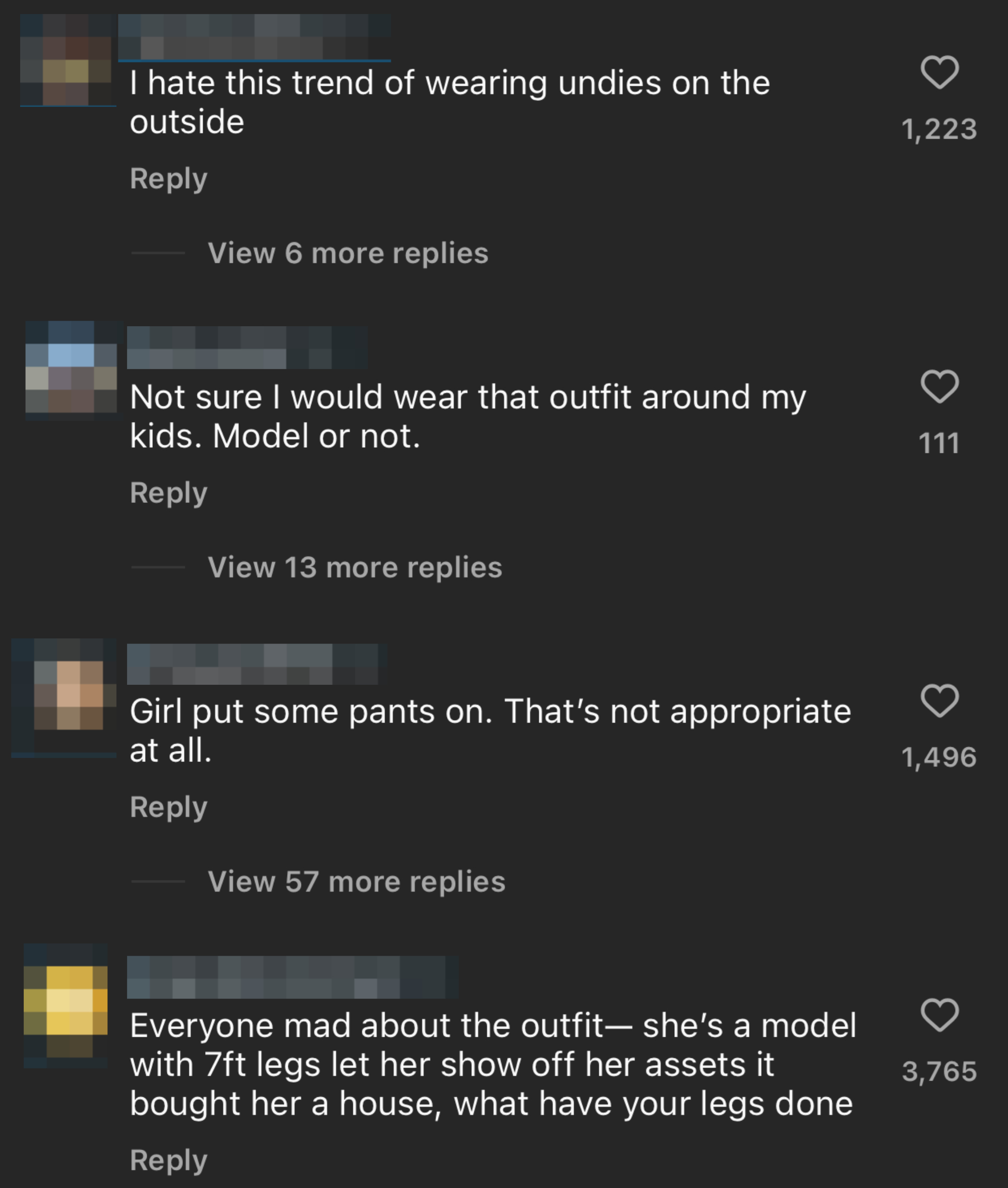 Social media comments criticizing or defending a model's outfit. Comments by tanvee.sinha, davis_jann, krissyam1978, and shopvickitormichael