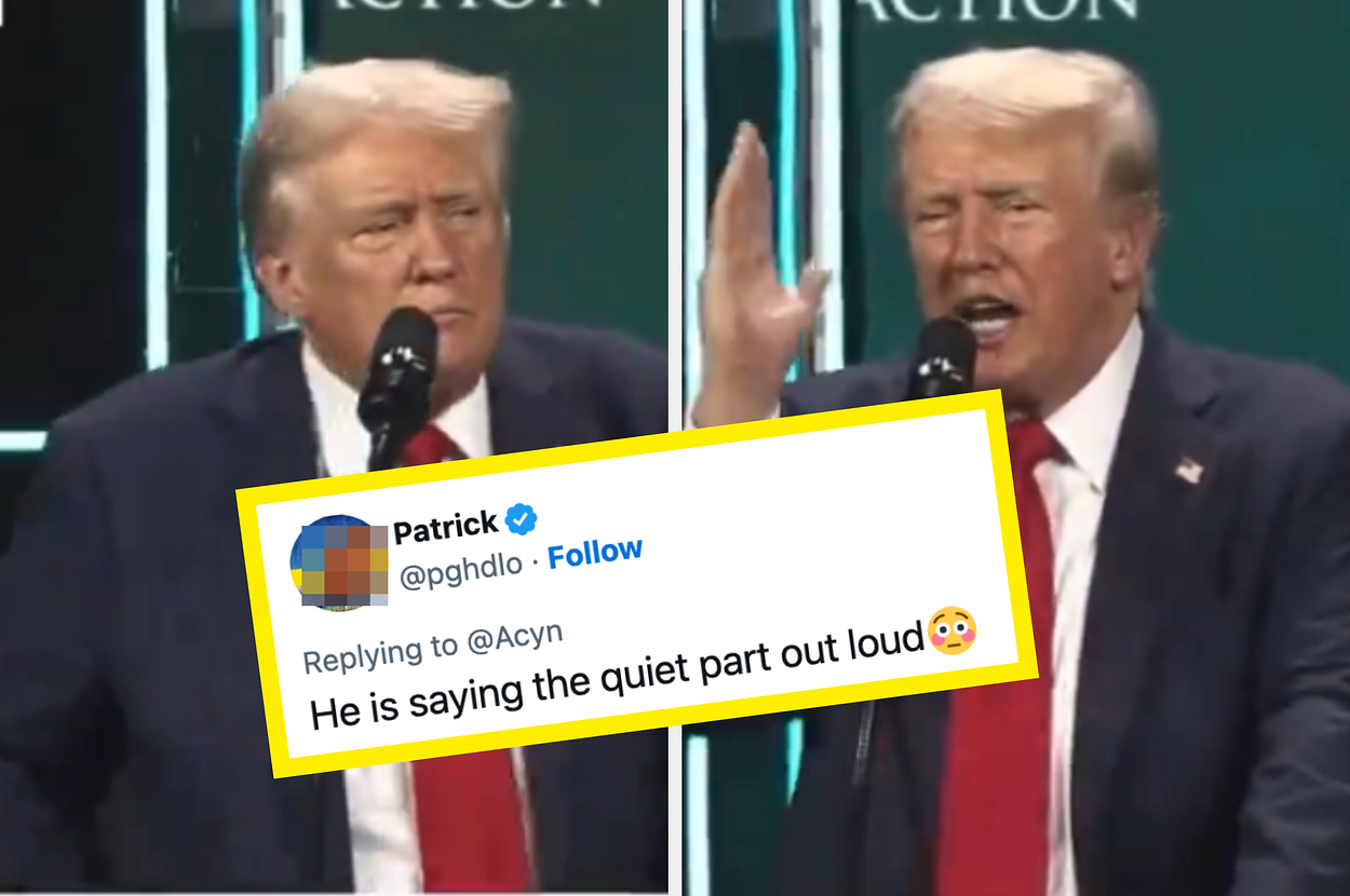 Donald Trump speaks at a podium during an event, making two different hand gestures in side-by-side images