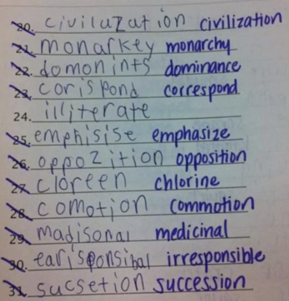 Handwritten list of 14 misspelled words with their correct spellings next to them, including "civilization," "illiterate," and "emphasize."
