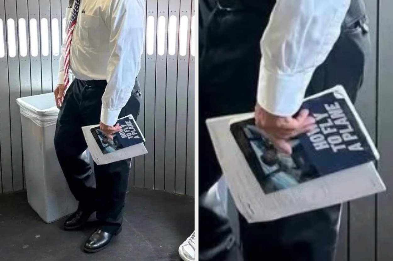 Two-part image: A person is holding a book titled "How to Fly a Plane" while standing next to a trash can. The book text is clearly visible