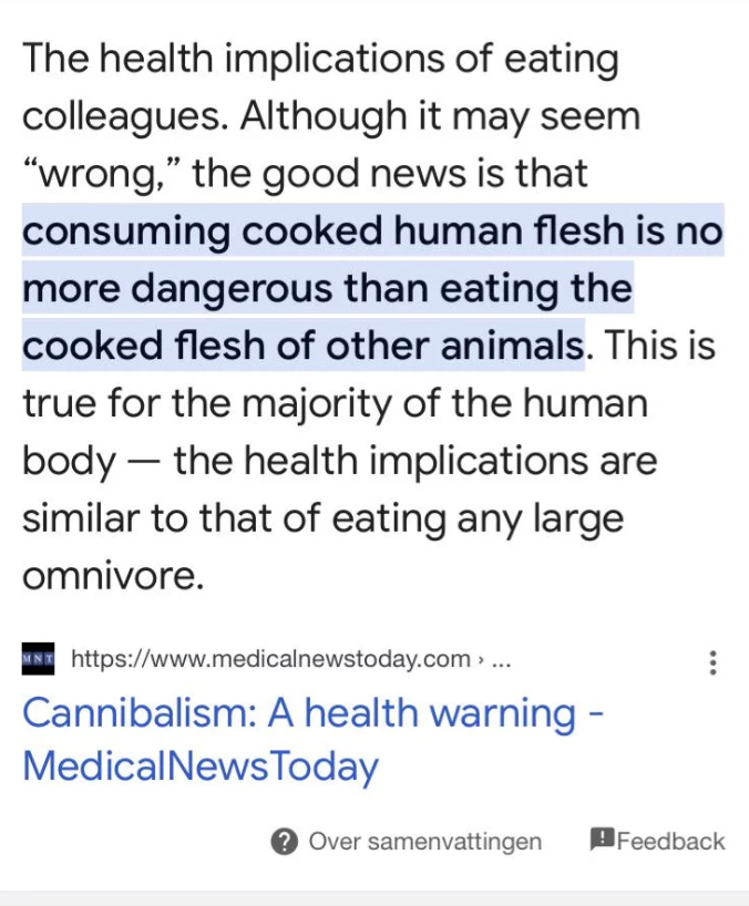 Summary of text: Article discusses the health implications of eating human flesh, stating it's no more dangerous than eating cooked flesh of other animals